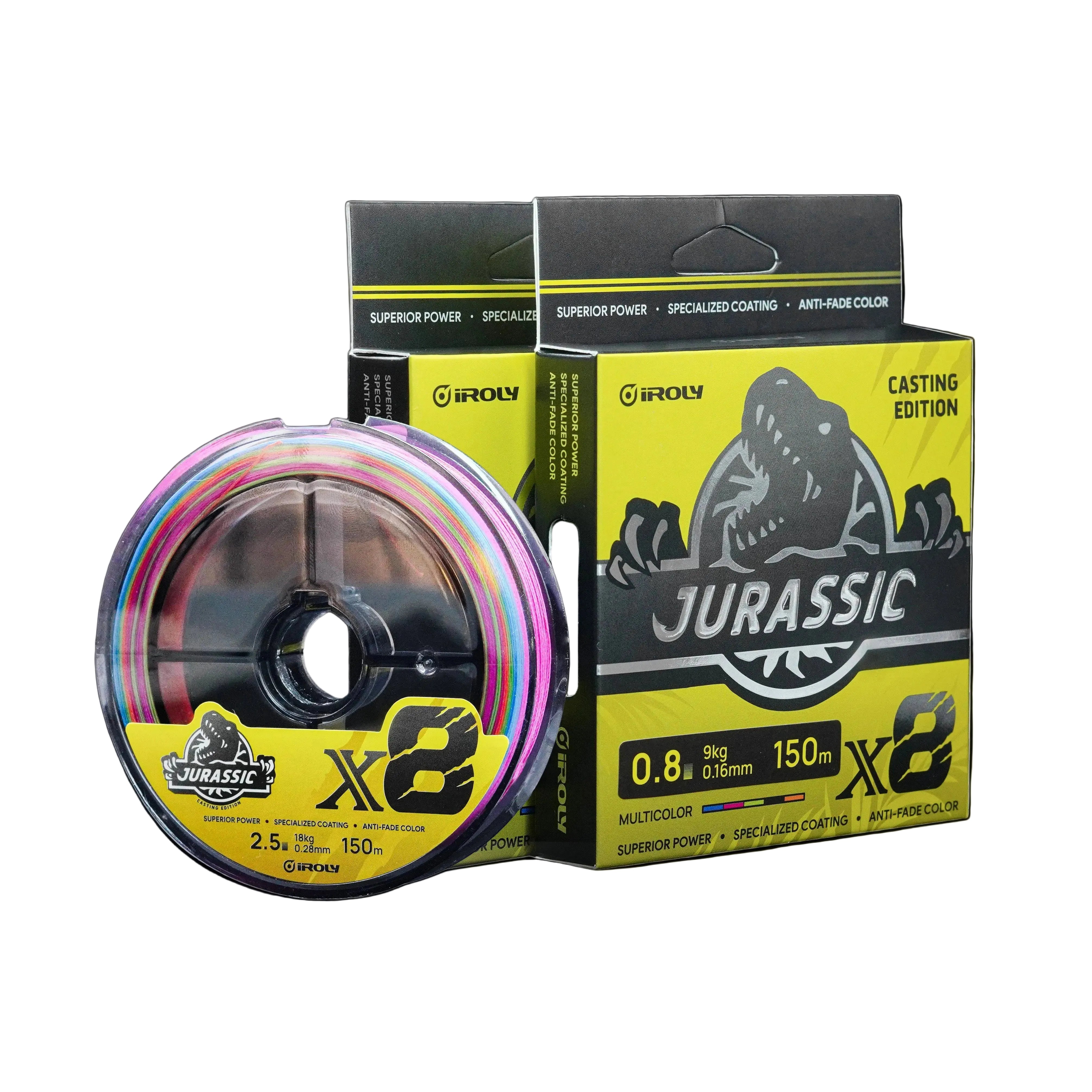 Fishing line reel and packaging with 'Jurassic' branding on a black background