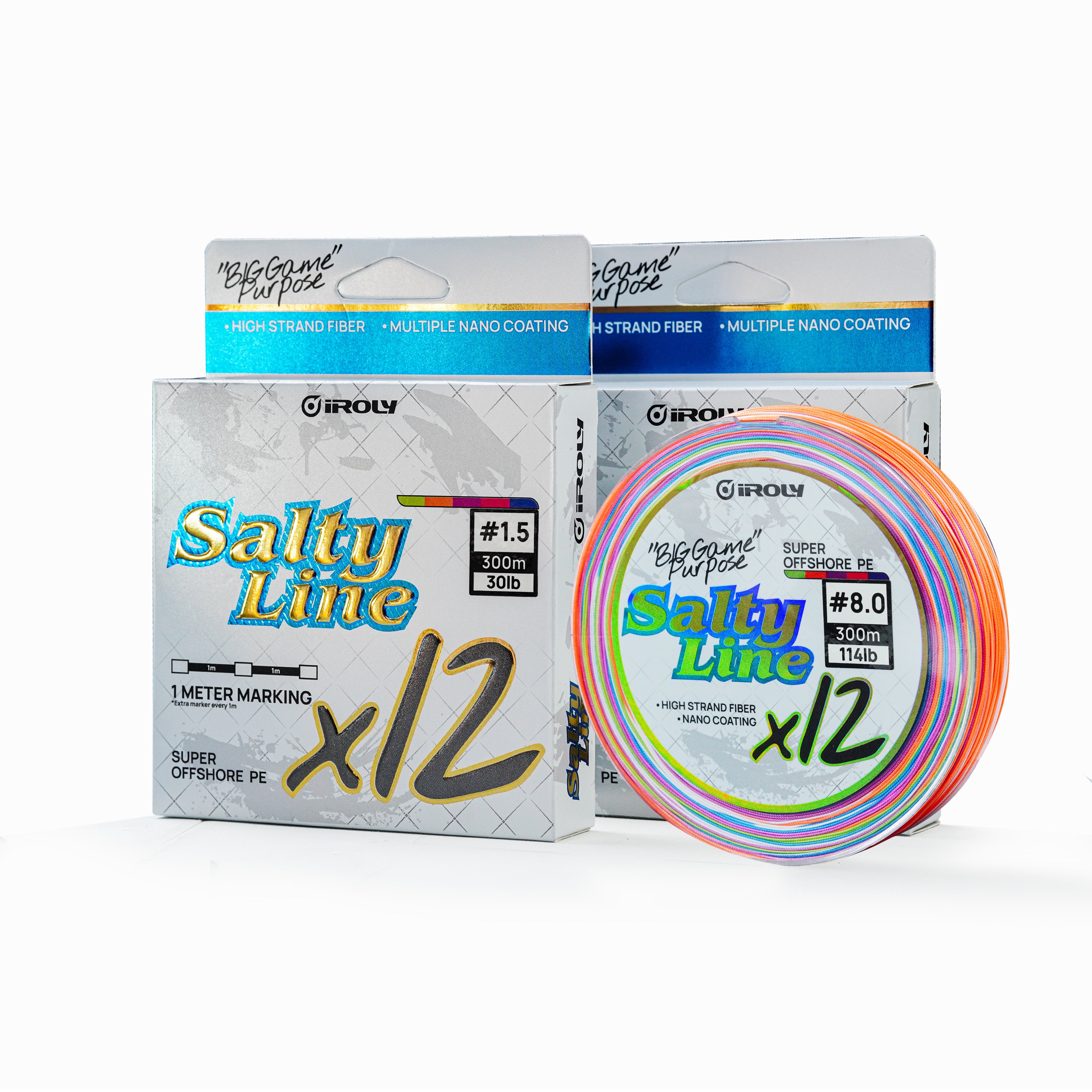 Fishing line with packaging labeled 'Salty Line' on a white background